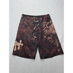 Affliction Board Shorts Mens 32 Brown Gothic Cross Eagle Skull Surf Swim Trunks